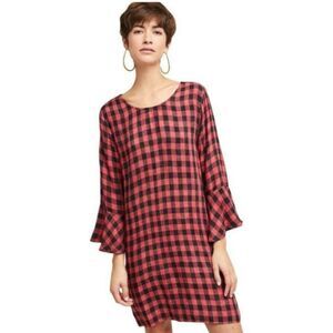 CLOTH & STONE ANTHROPOLOGIE BUFFALO PLAID SHIFT DRESS SIZE MEDIUM RUFFLED SLEEVE